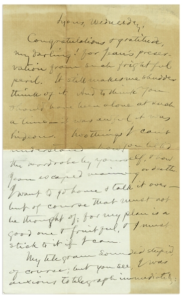 Very Personal Samuel Clemens Autograph Letter Signed, to His Wife Regarding the Near-Death of Their Daughter Jean -- ''...It still makes me shudder...''